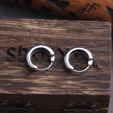 Viking Rivet Stainless Steel Huggie Hoop Earrings for Men with Wooden Box