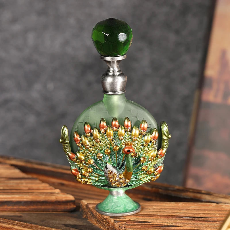 7ml Peacock Refillable Empty Perfume Bottle Metal Enamel Emerald Green Glass Cap Dripper