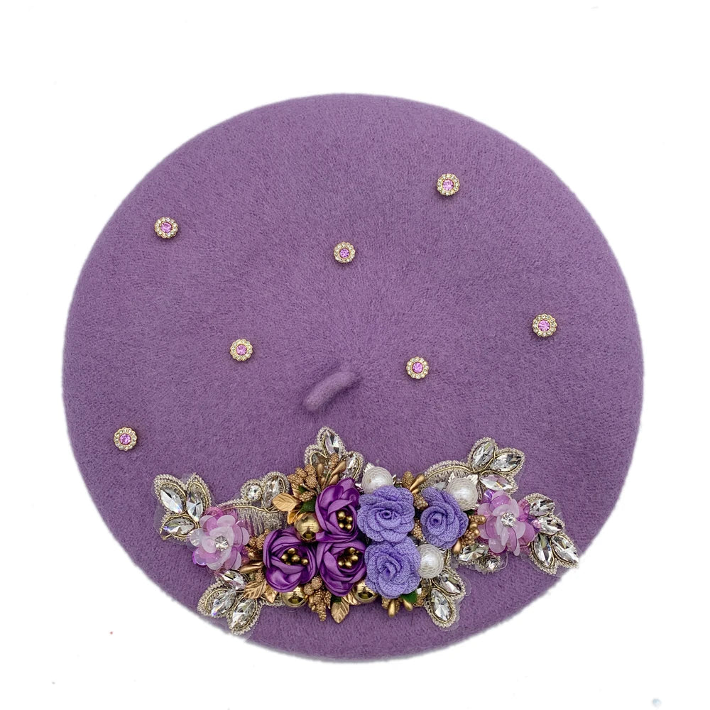 Margie's Flower Diamonte Winter Autumn Beret 10 Colours