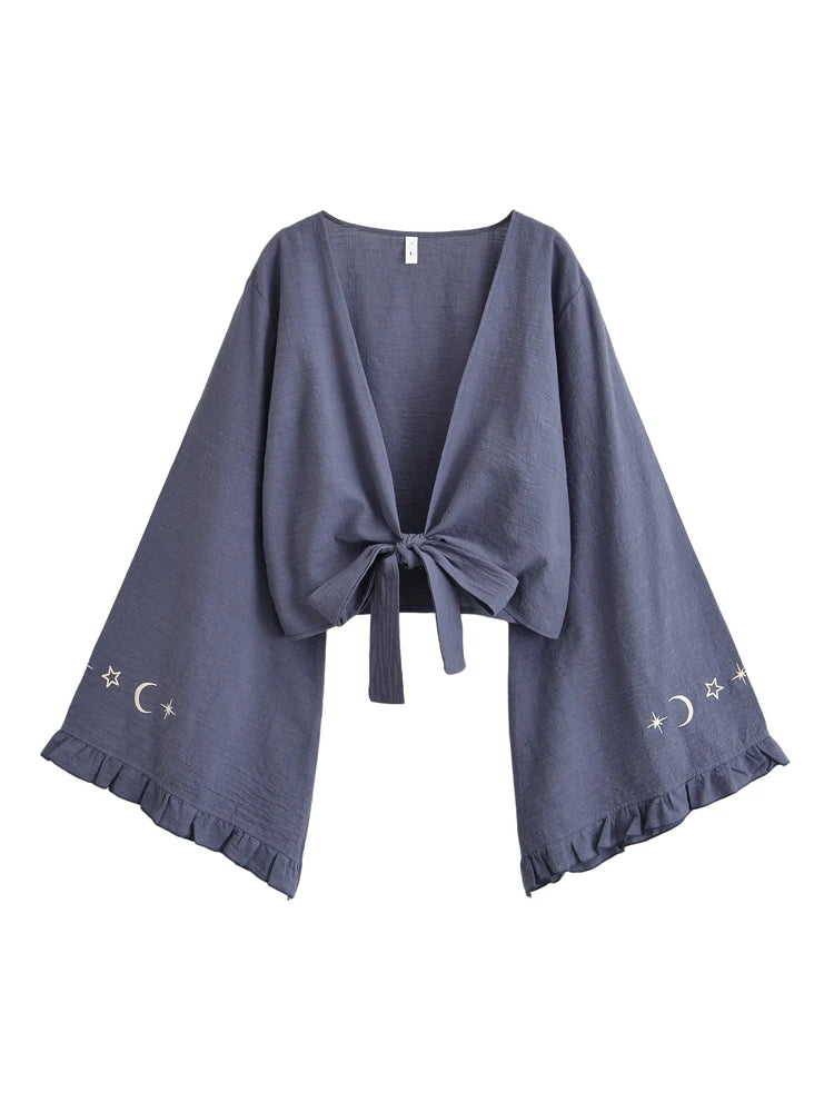 Boho Star Moon Embroidered Short Kimono Wrap Top Ruffled Flare Sleeves Cover-ups
