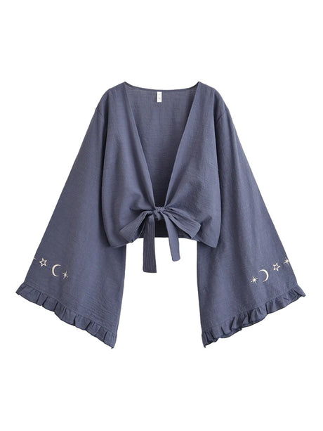 Boho Star Moon Embroidered Short Kimono Wrap Top Ruffled Flare Sleeves Cover-ups