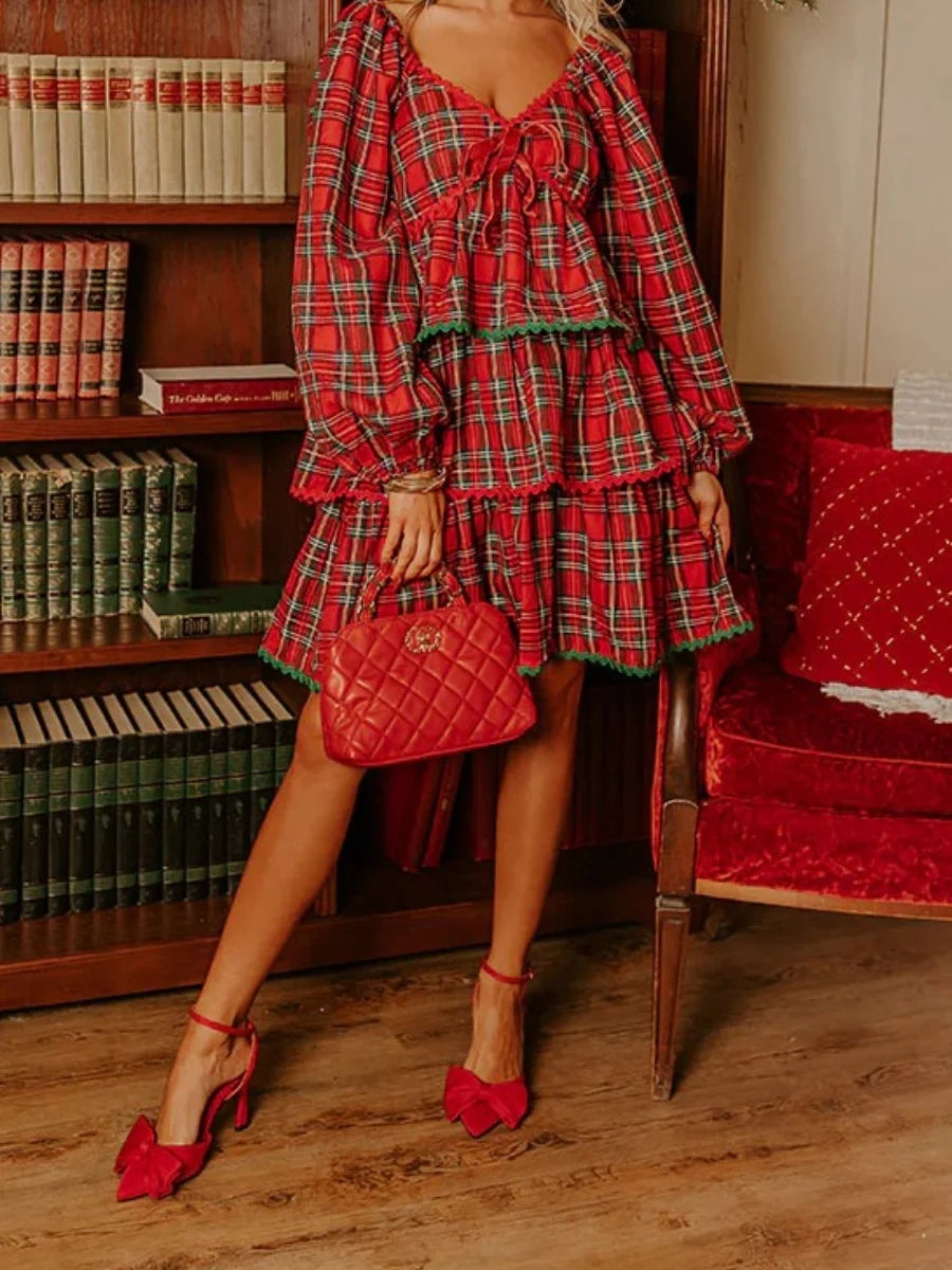 Plaid Christmas Babydoll Mini Dress Long Sleeve Christmas Party Dress