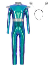 Girls Boys Alien Costume Shiny Metallic Full Body Suit Space Astronaut Robot Halloween Dress Up