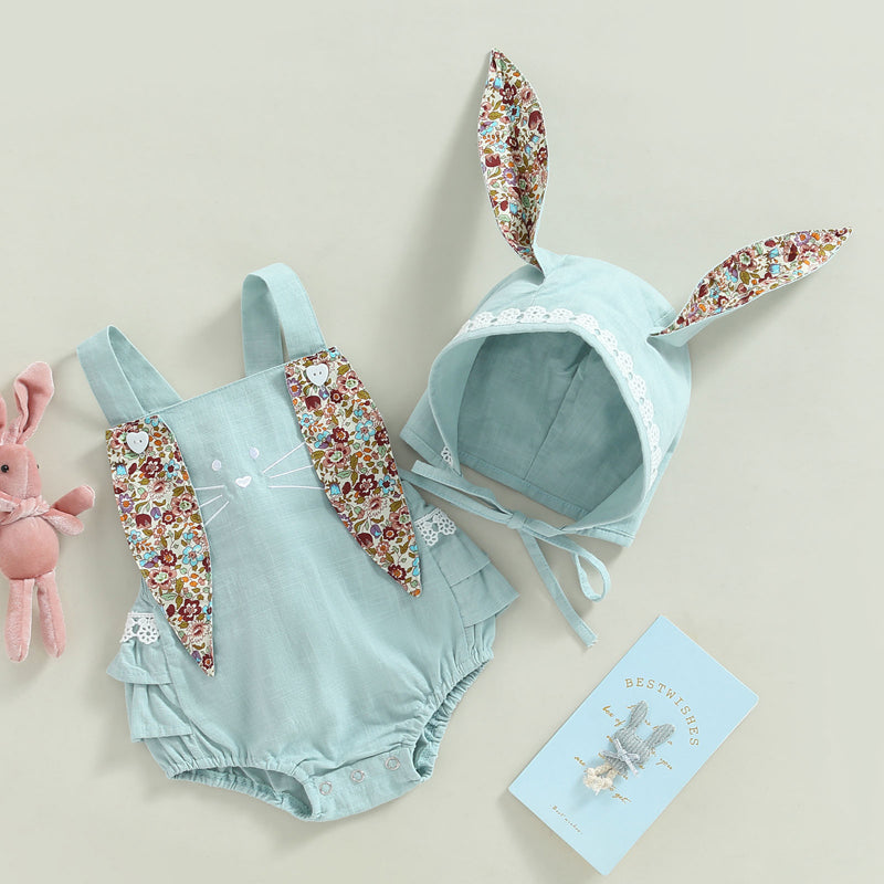 Baby Bunny Romper Rabbit Ears Overalls Bodysuit Playsuits Easter Day Outfit Costume with Hat