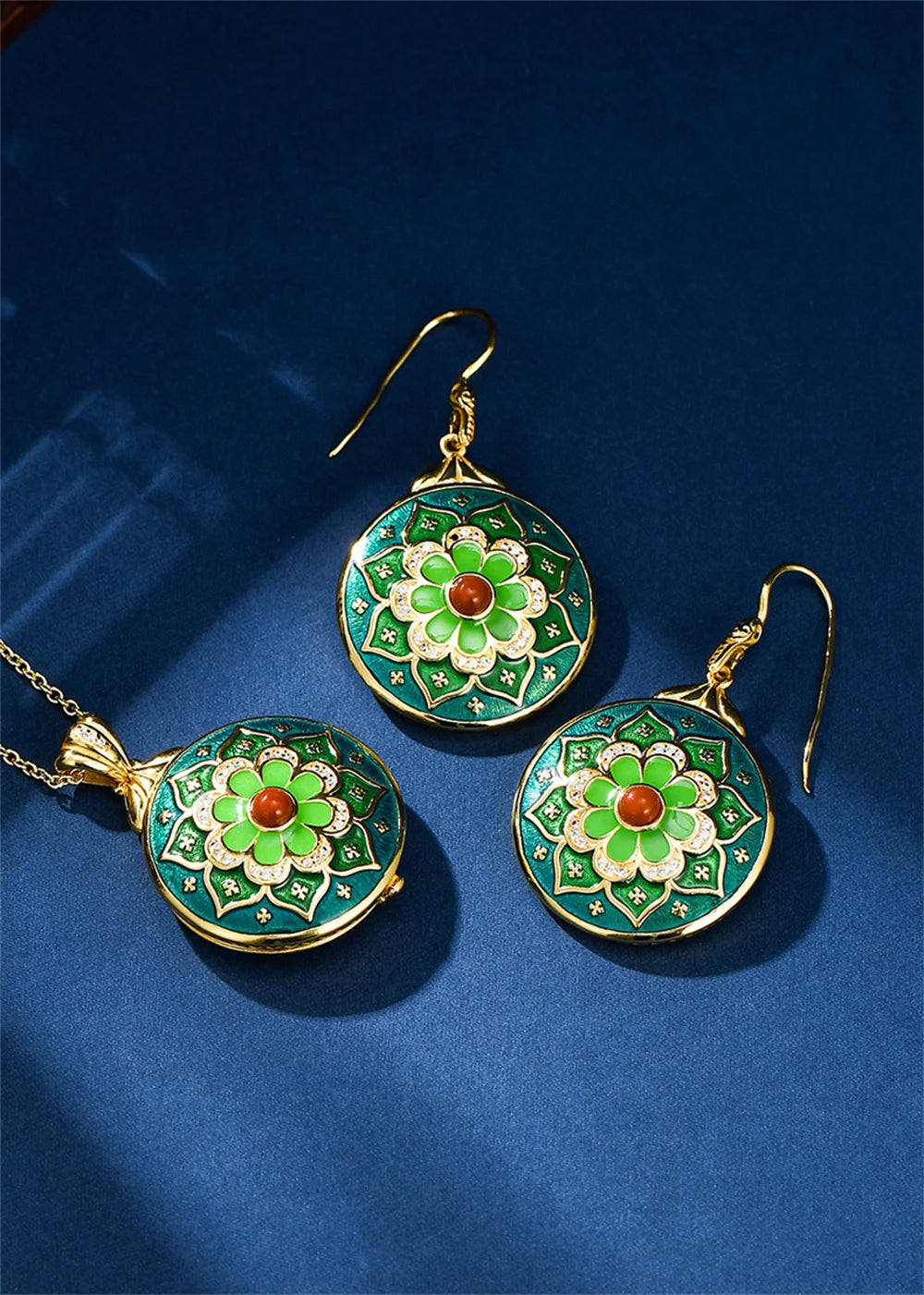 Green Lotus S925 Sterling Silver Locket Pendant Earrings Cloisonne Enamel