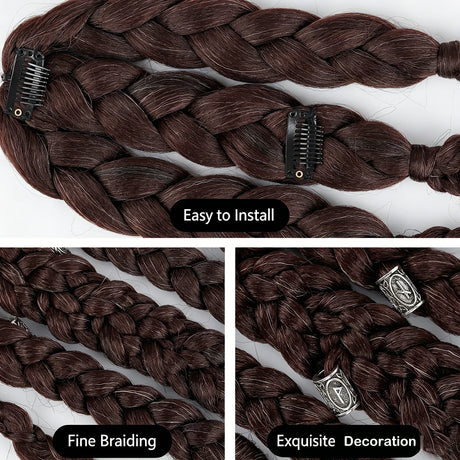 Viking Mohawk Cornrow Braided Mullet Wig Synthetic Thick 5 Braids with Metal Rings for Cosplay