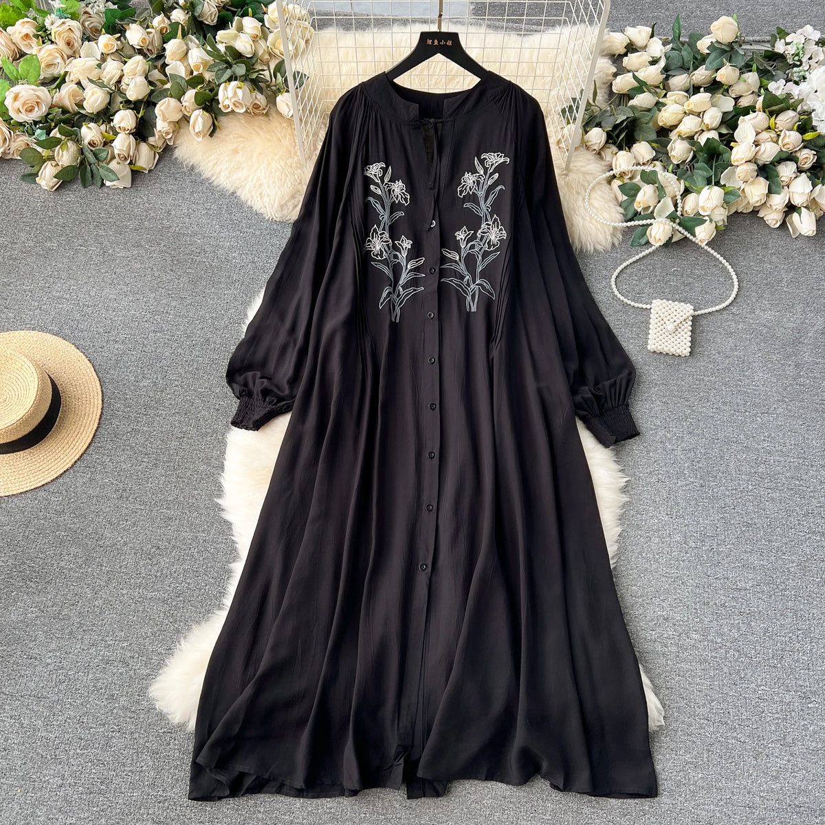Olive's Embroidered Long Sleeve Shirt Dress