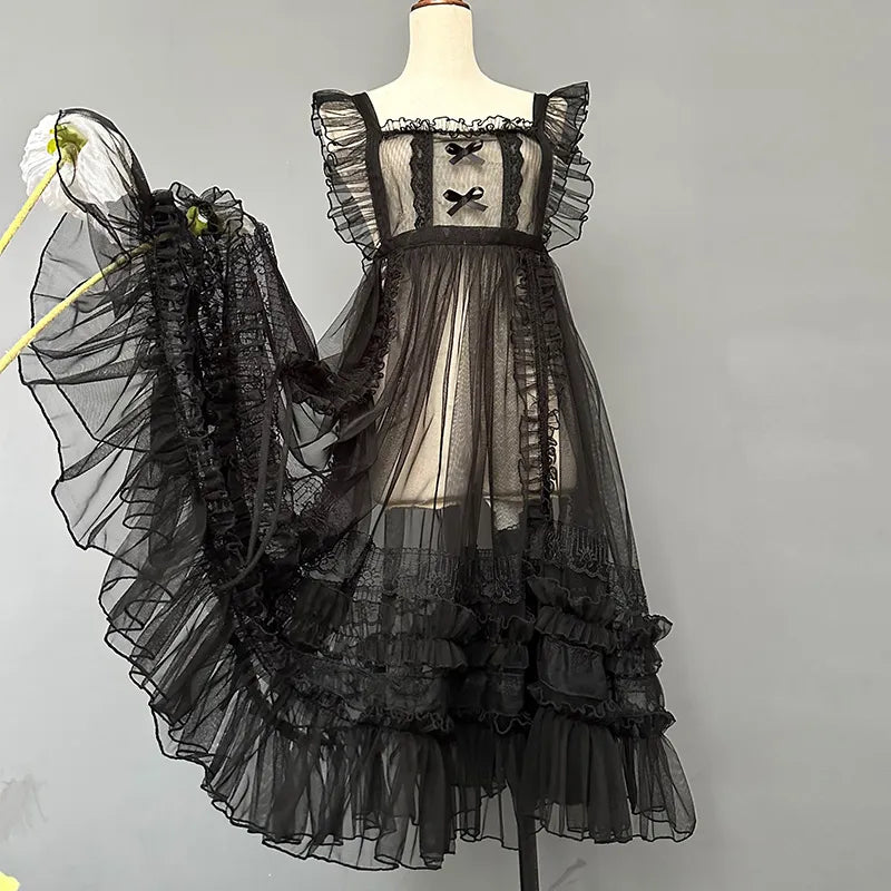 Sweet Lolita Aprons Sheer Mesh Ruffled Lace Over Layer