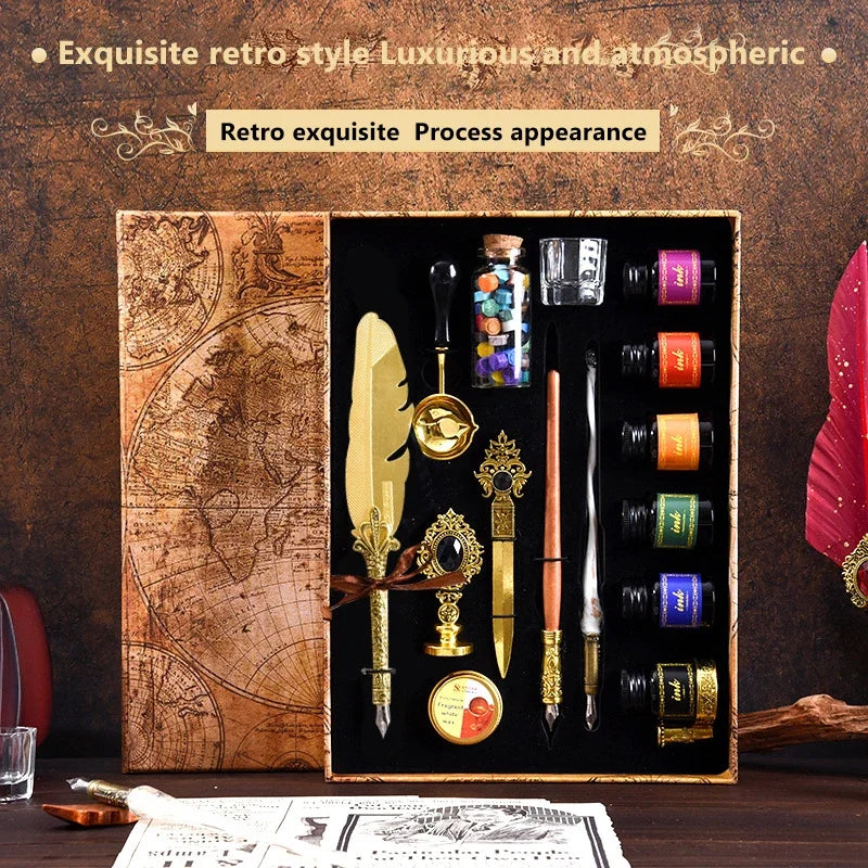Golden Feather Quill Pens Set Dip Fountain Pens Ink Stationery Writing Gift Box Sets