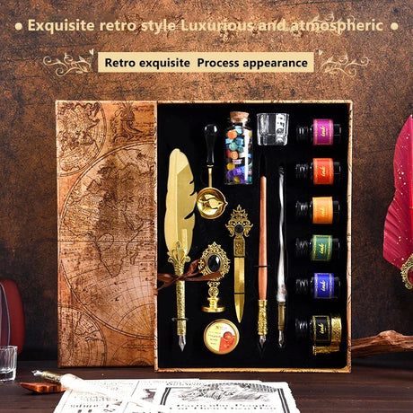 Golden Feather Quill Pens Set Dip Fountain Pens Ink Stationery Writing Gift Box Sets