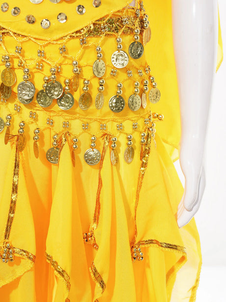 Girls Belly Dance Performance Outfit 4pcs Stage Costume Puff Sleeve Crop Top Ruffled Pants Hip Scarf Headscarf