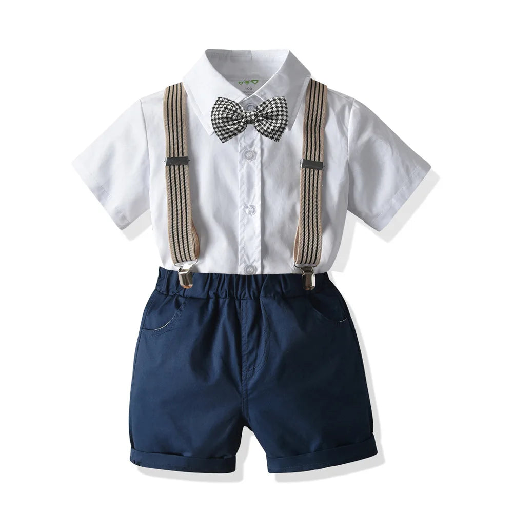 Summer Boys Shorts Suit Toddler Boys Formal Suspender Bowtie Trousers Suit 2-8 Years