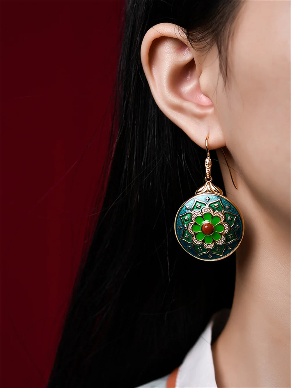 Green Lotus S925 Sterling Silver Locket Pendant Earrings Cloisonne Enamel