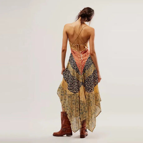 Estrella's Asymmetrical Patchwork Scarf Dress Backless Tie-Up Summer Dress