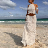 Summer's Ruched Halter Cami Tops + Maxi Skirt 2 Piece Set