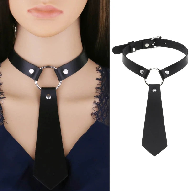 Imitation Leather Black Neck Tie Punk O-Ring Studded Choker Necklace