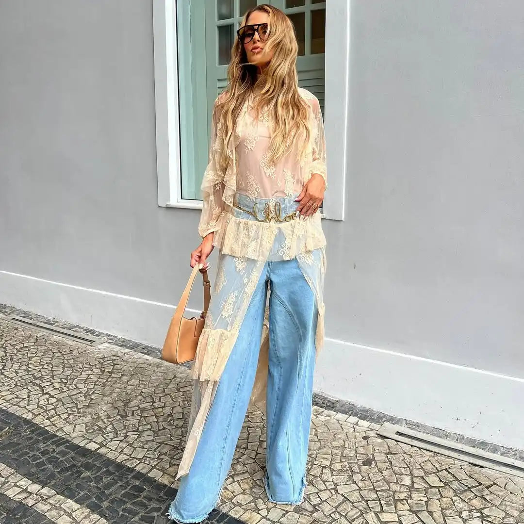 Eve's Long Sleeve Lace Duster See Through Mesh Short Front Long Back Asymmetrical Cover Ups