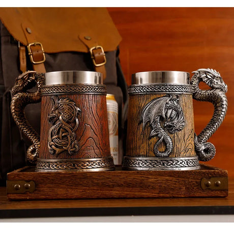 Dragon Beer Mug Coffee Cup Stainless Steel Resin Wooden Barrel Drinkware 600ml