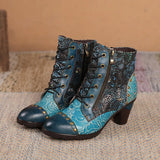 Aggy's Vintage Floral Genuine Leather Patchwork Rivet Handmade Heeled Ankle Boots Shoes
