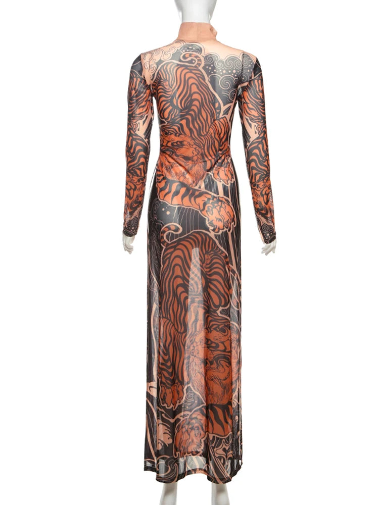 Tiger Print Mesh Dress Long Top Waist High Splits High Elasticity