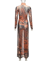 Tiger Print Mesh Dress Long Top Waist High Splits High Elasticity