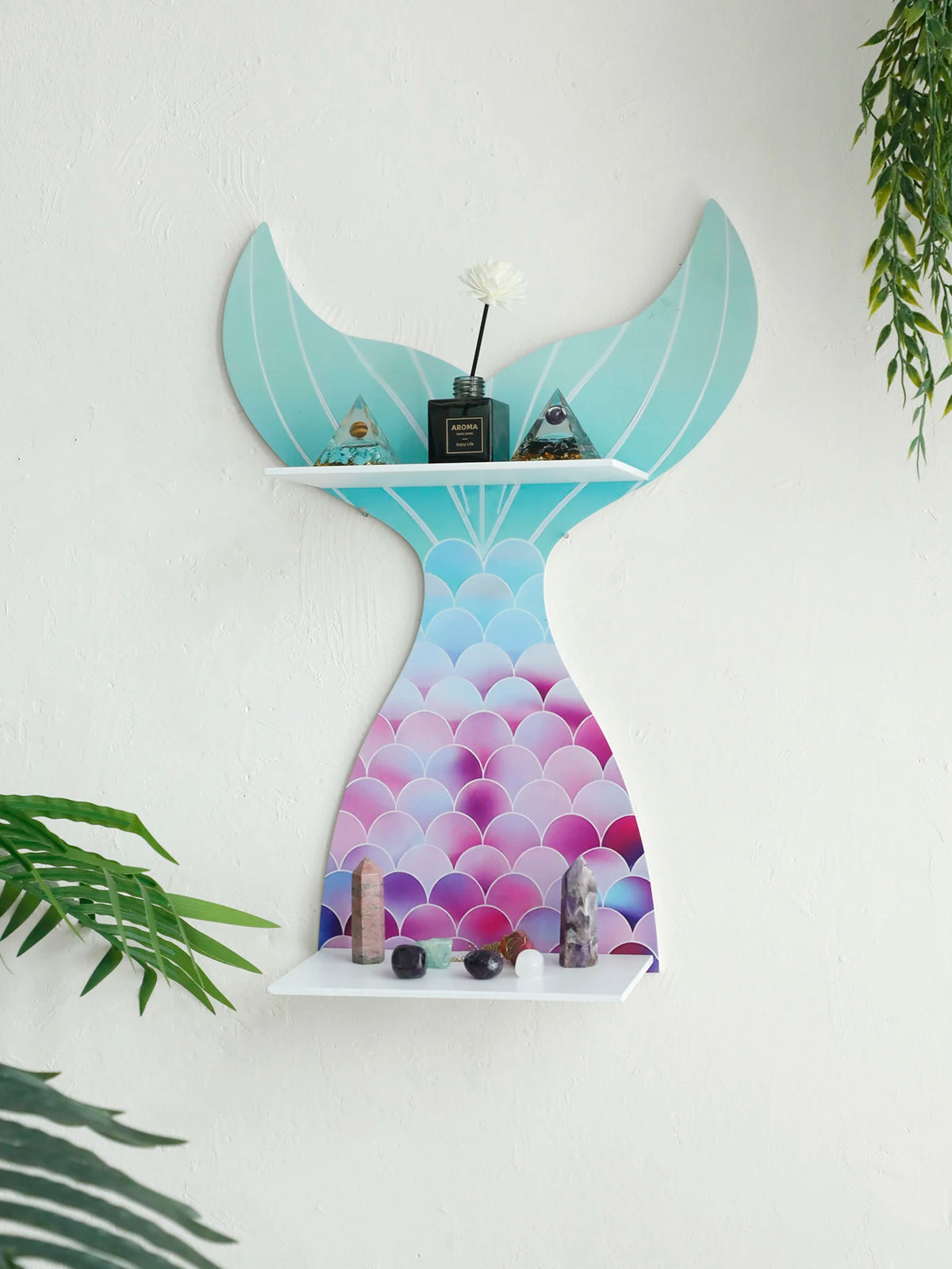 Mermaid Tail Wooden Crystal Shelf Essential Oil Display Floating Wall Shelf