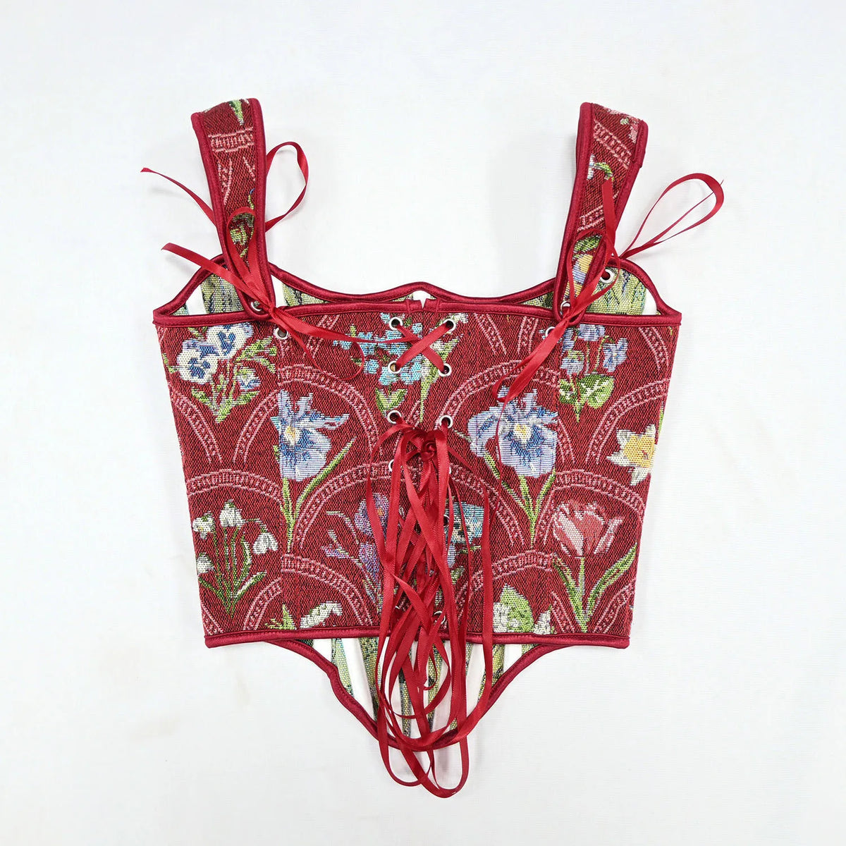 Tapestry Red Corset Overbust Lace Up Bone Bodice