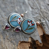 Blue Red Flower Enamel Purple Stone Droplet Dangle Earrings