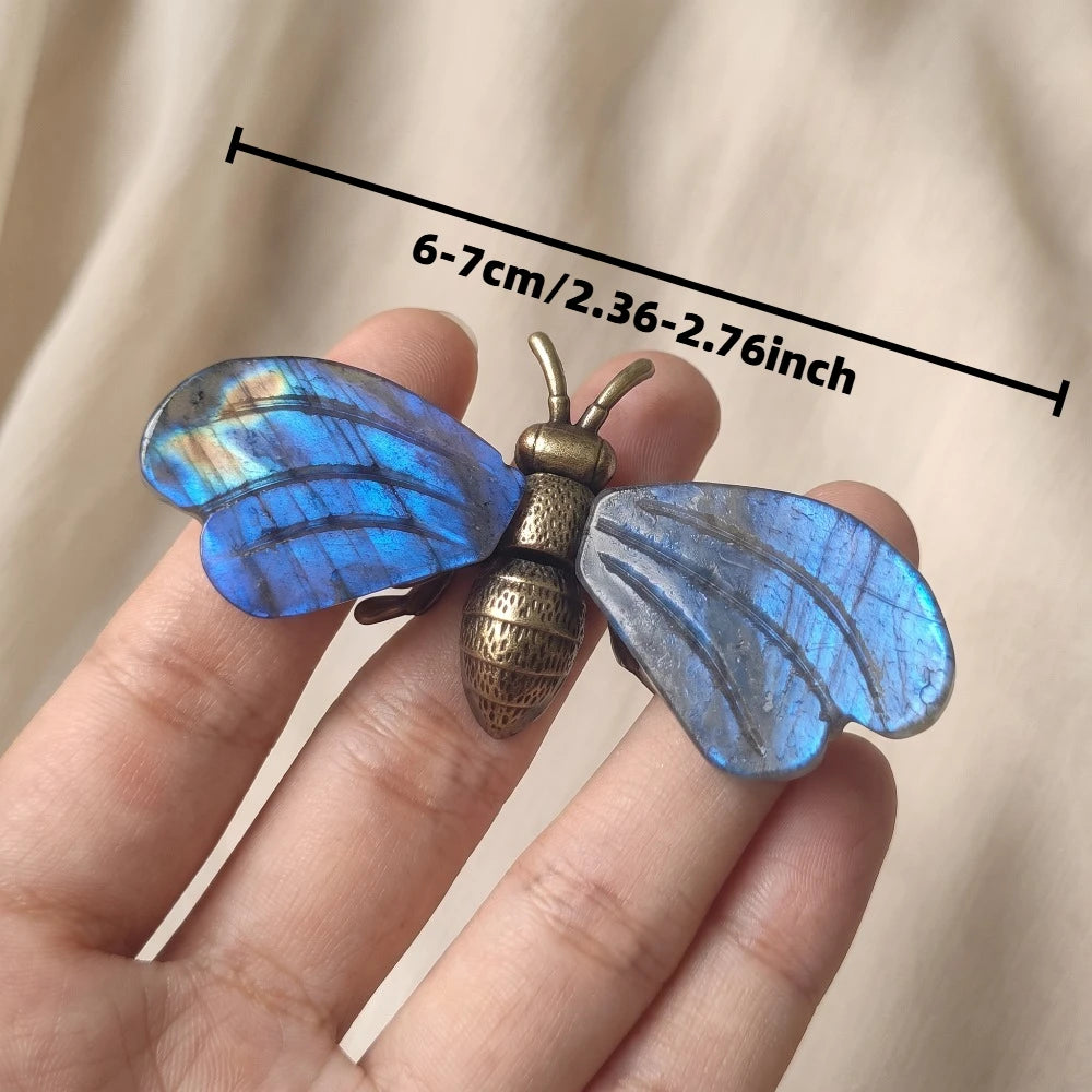 Natural Labradorite Bee Figurine Insect Sculpture Desktop Decoration Hand Carved Stone Wings Metal Body