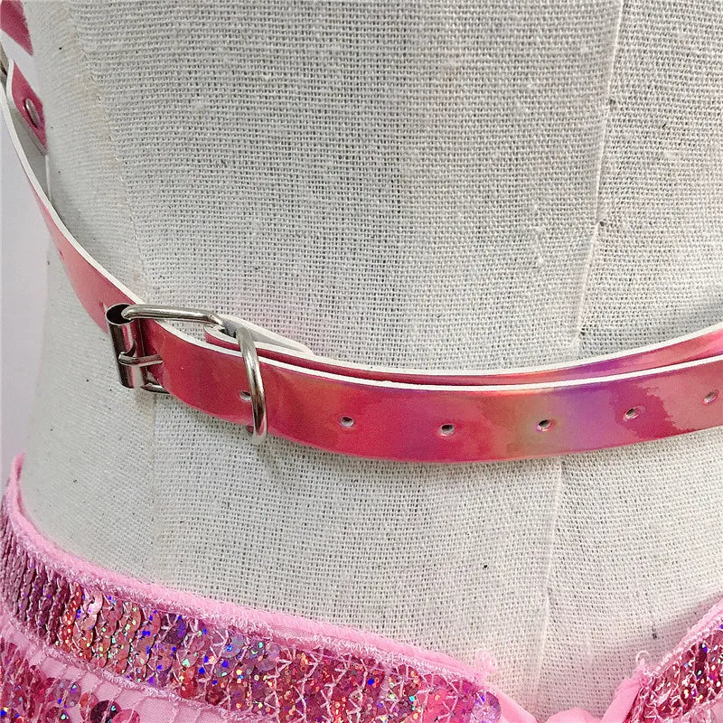 PU Leather Harness 2 Piece Set Metal Chest Chain With Tassel Sequins Mini Skirt Festival Party Club Outfits