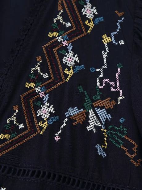 Toni's Totem Flower Navy Embroidered Short Sleeve Jacket Short Coat