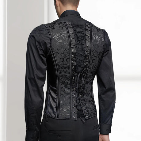 Black Men's Boned Waistcoat Corset Vest Lace Up Burlesque Performance Stage Costume