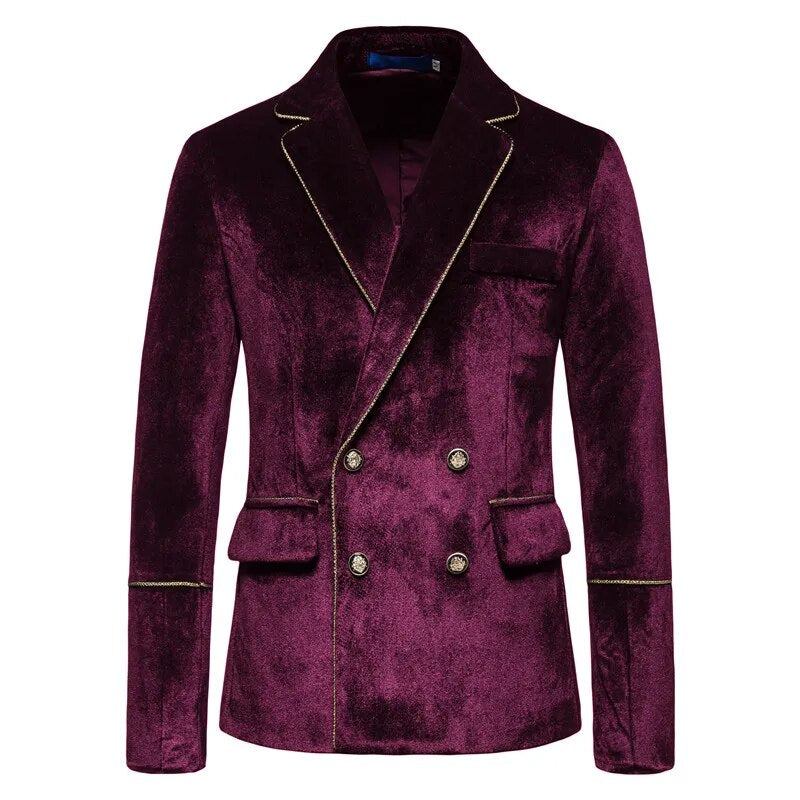 Plush Velvet Suit Two-piece Mens Party Suits Double Breasted Tuxedo Blazers & Pants