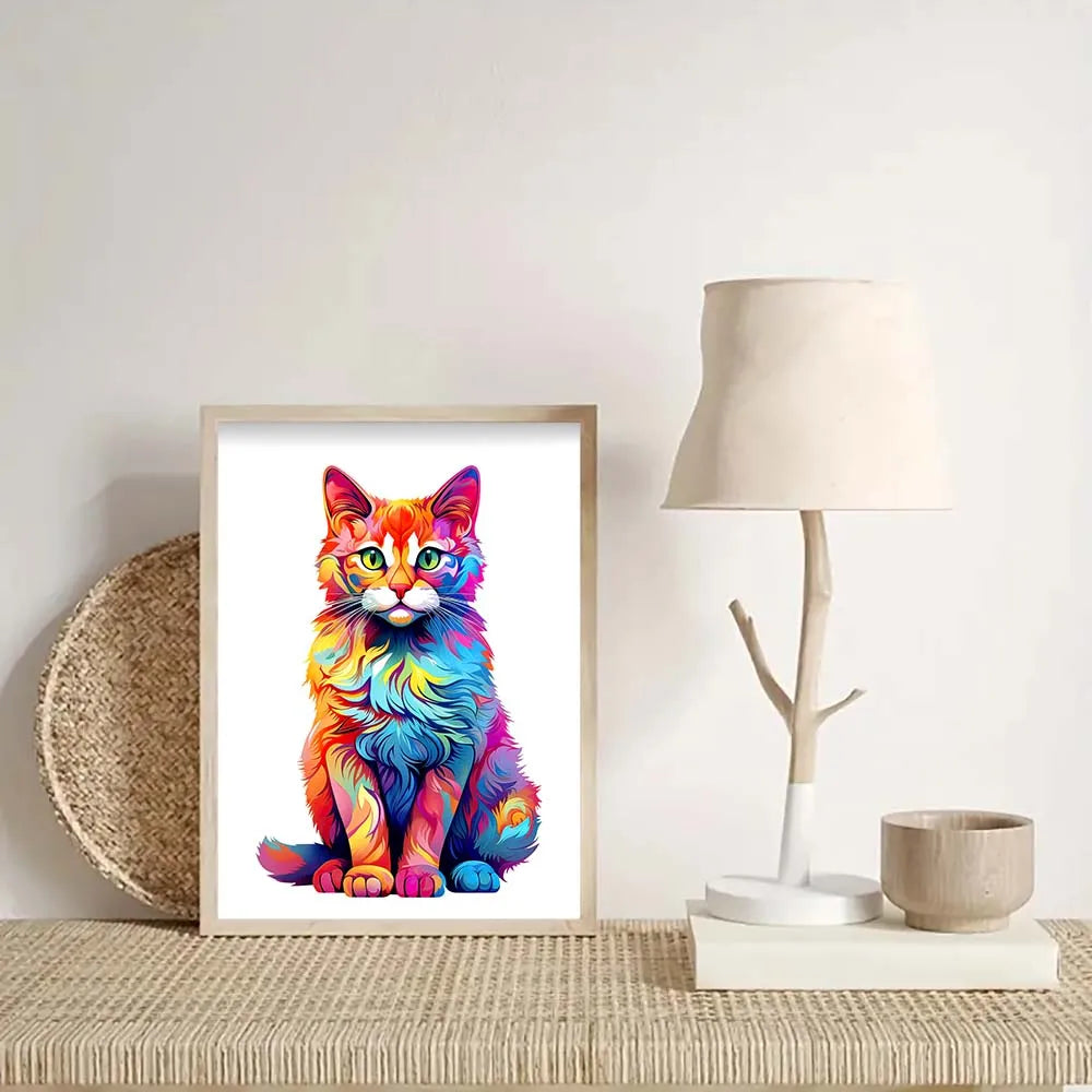 Rainbow Tabby Cat Wooden Jigsaw Puzzle Irregular Shape Pieces