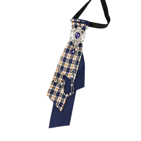 Dark Academia Jabot Plaid Short Necktie Rhinestone Brooch Pearl Chain
