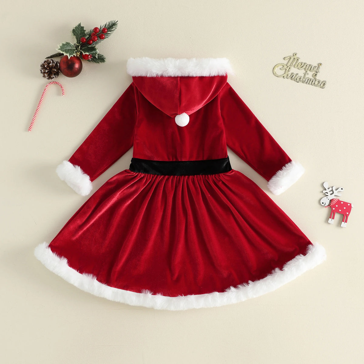 Girl Christmas Hood Dress 1-6Y Toddler Long Sleeves Cross Tie Winter Party Dress