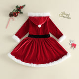 Girl Christmas Hood Dress 1-6Y Toddler Long Sleeves Cross Tie Winter Party Dress
