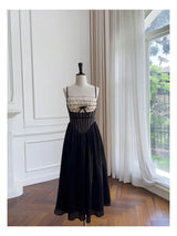 Justine's French Black Lace Sling Spliced Ruffles Bandage Backless Dress