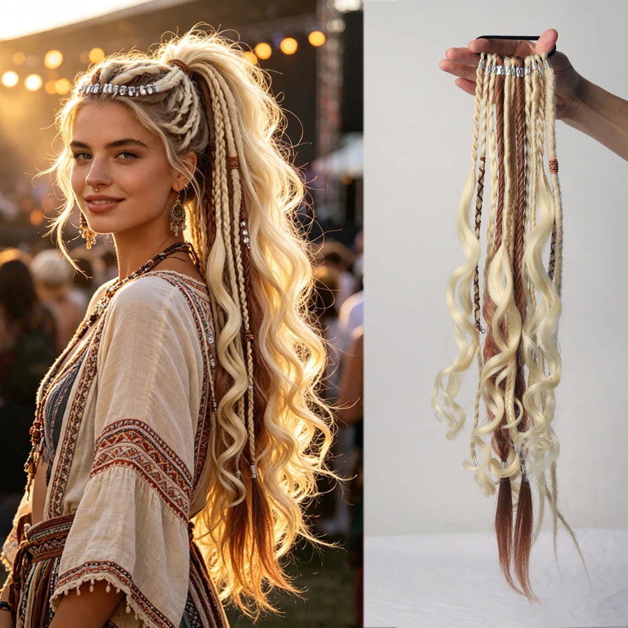 24 Inch Boho Braided Ponytail Beaded Braids With Elastic Hair Tie