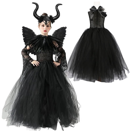 Girls Maleficent Black Tutu Halloween Costume with Feather Shawl