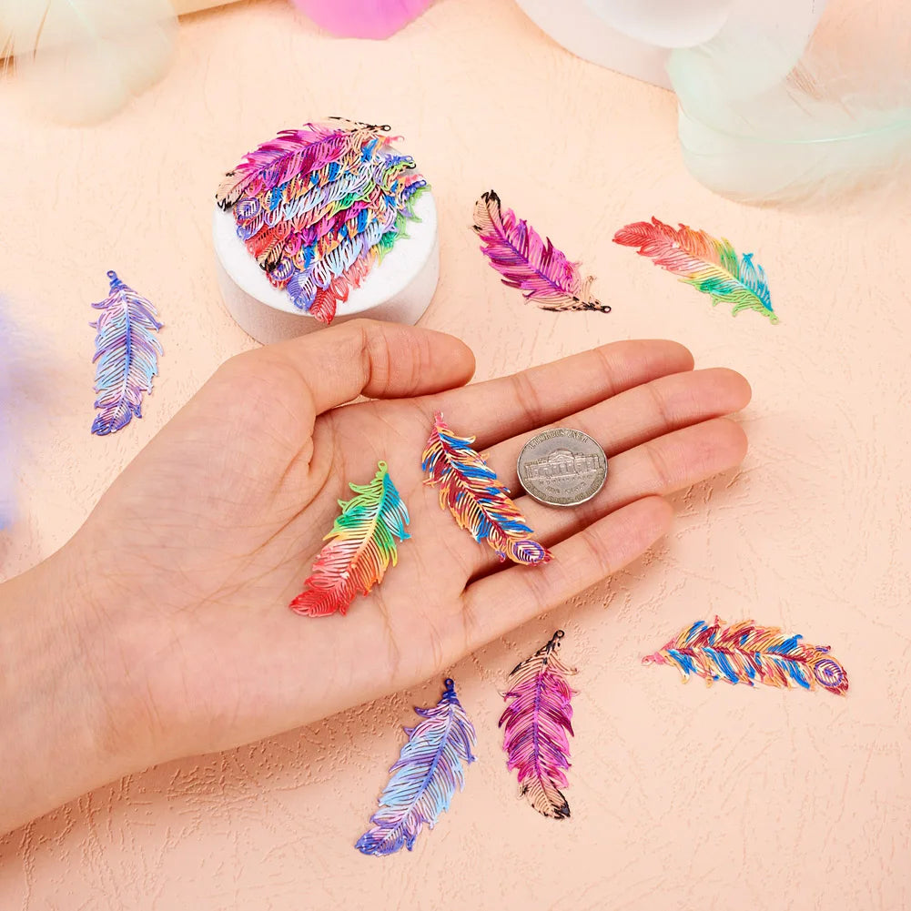16Pcs Feather Charms Spray Painted 430 Stainless Steel Etched Metal for DIY Jewellery Making