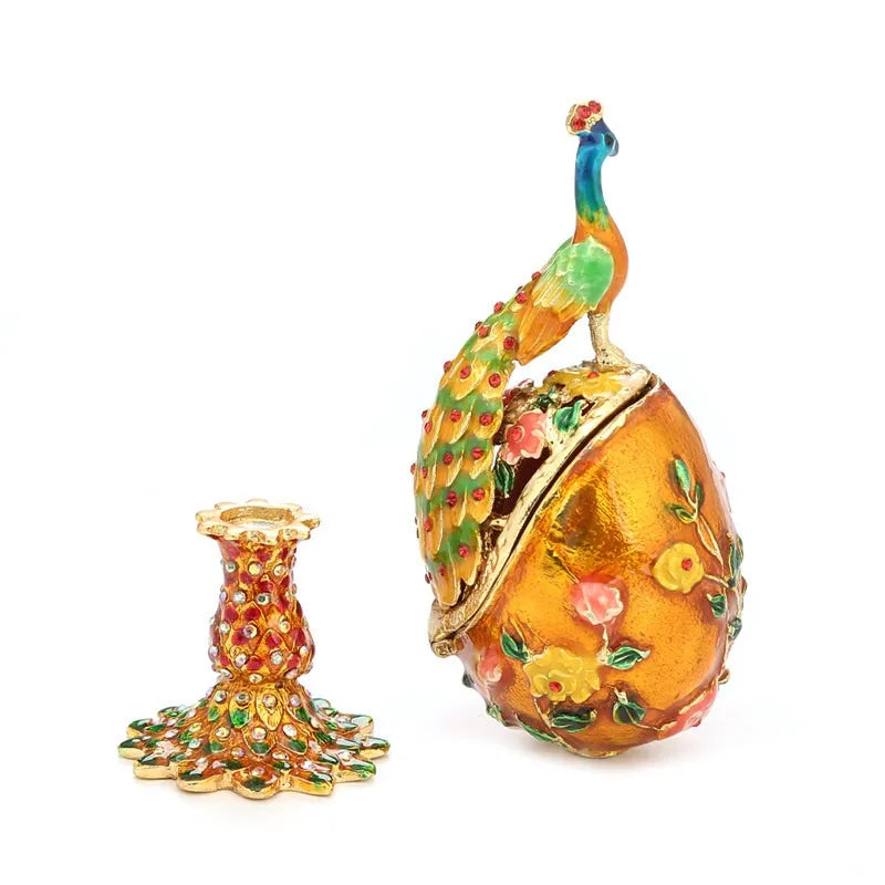 Hand Painted Peacock Easter Egg Enamel Trinket Box