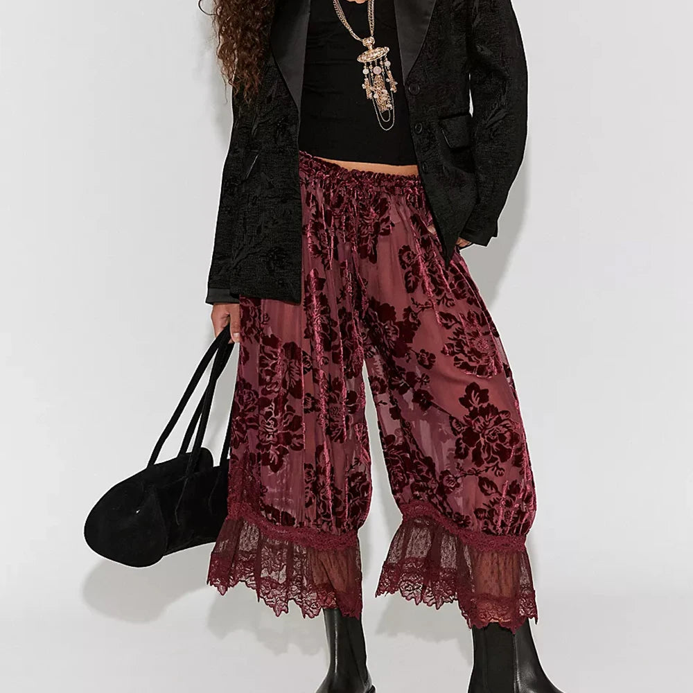 Velvet Lace Sheer Long Bloomers Floral Ruffle Pantaloons