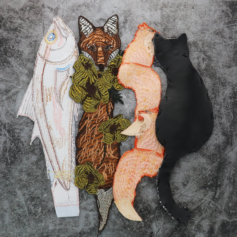 Embroidered Animal Patches Fox Black Cat Fish DIY Sew Craft