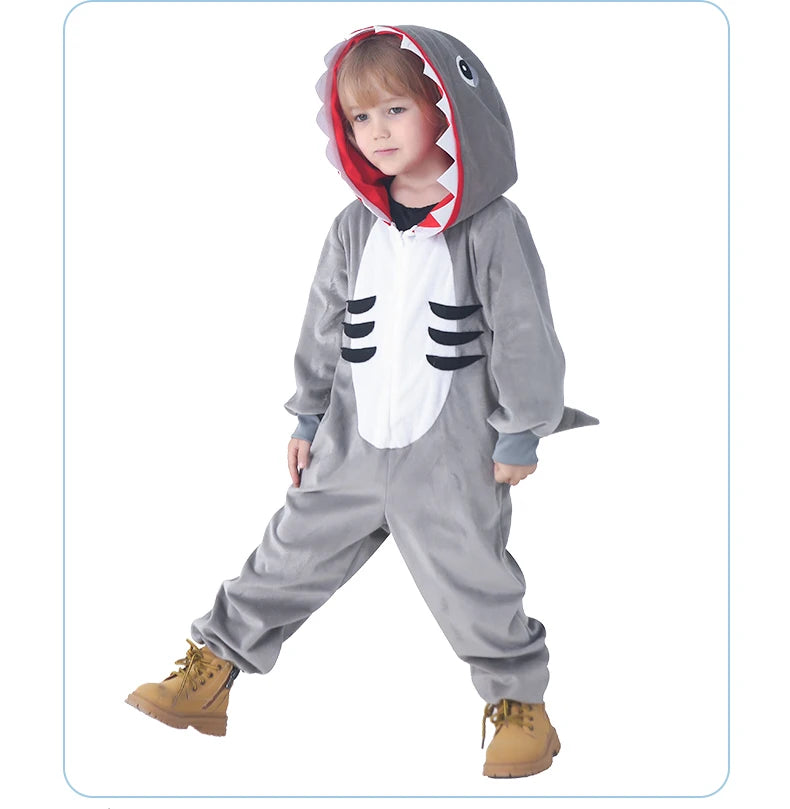 Boys and Girls Grey Shark Kids Outfits Book Week Costume Onsie Hoodie Halloween Fancy Dress Up Play Suit