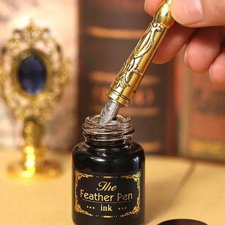 Golden Feather Quill Pens Set Dip Fountain Pens Ink Stationery Writing Gift Box Sets
