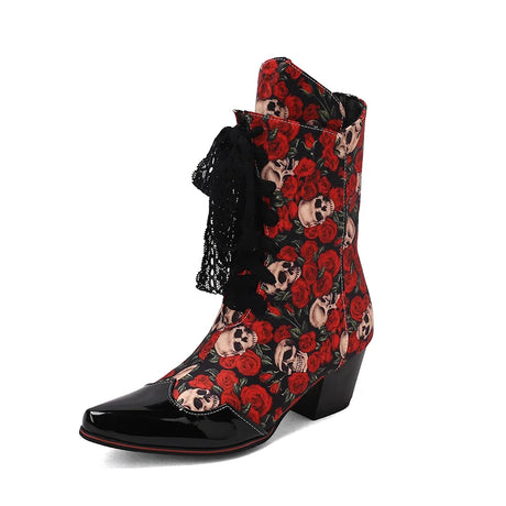 Skull Flower Lace Laces Ankle Boots