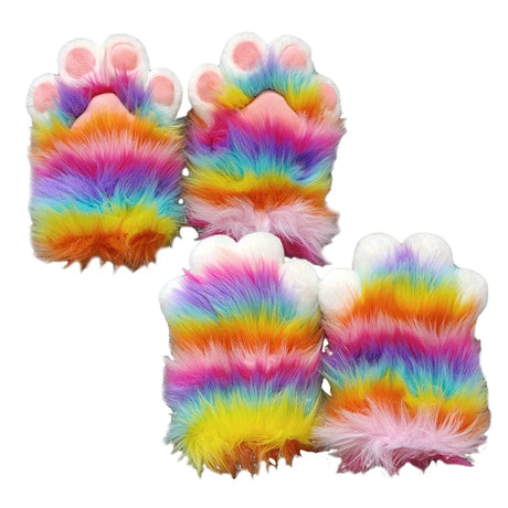 Rainbow Furry Cat Claw Gloves Plush Beast Paws Mittens Halloween Party Cosplay Costumes