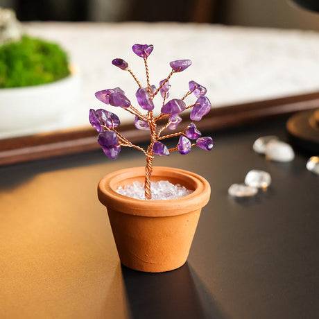 1pc Natural Crystal Mini Tree Clay Pot Amethyst Quartz Healing Gemstones Pot Plant Home Decor