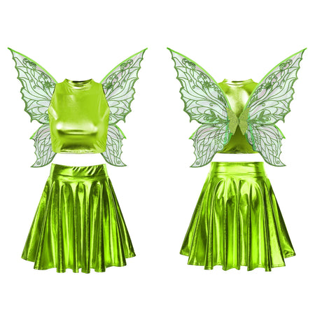 Festival Fairy Cosplay Costume Sleeveless Crop Top, High Waist Flared Skirt And Butterfly Wings Set